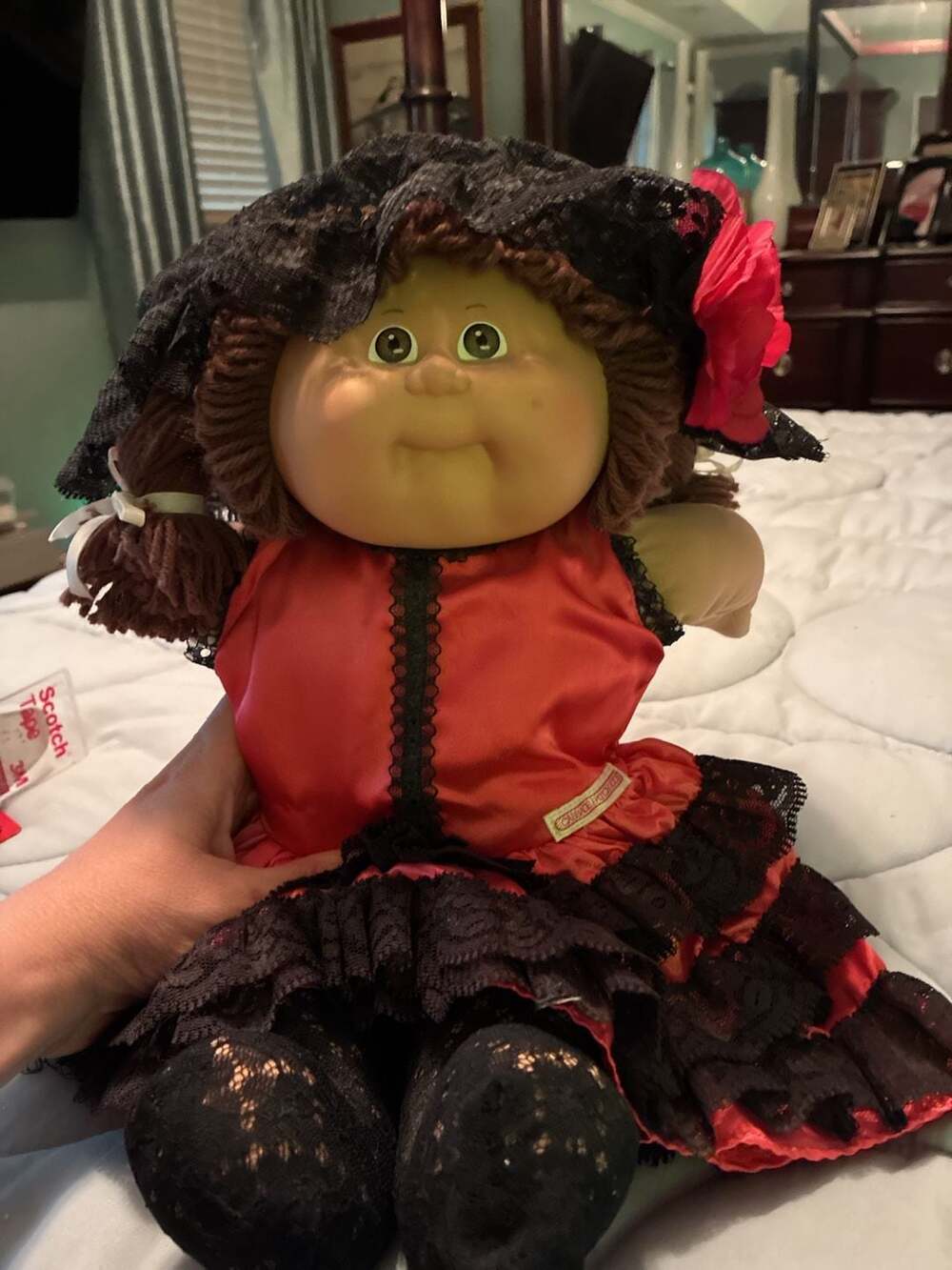 Vtg Cabbage Patch  Doll Brown Hair/brown eyes in Red and Black Lace Dress A506